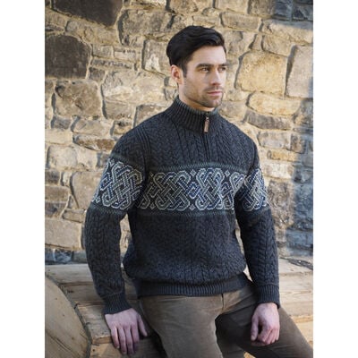 Men's Half-Zipped Jacquard Sweater with Celtic Knitted Design, Charcoal Colour
